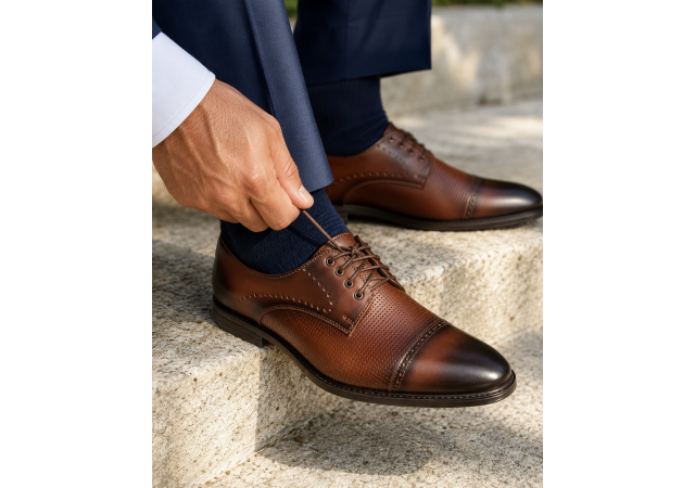 Pantofi barbati maro din piele naturala perforata cu sireturi si talpa neagra RSY479M